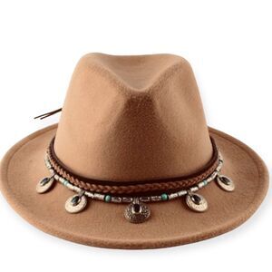 Brown Fedora Hat Medallion Leather Braided Band Wide Brim Fedoras NEW